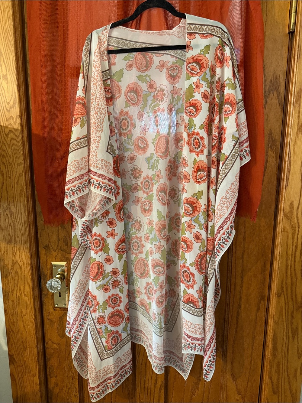 Sheer Floral Kimono Wrap in Coral and Cream